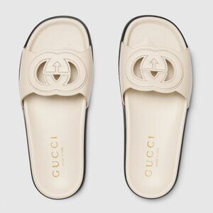 NIB Gucci cutout interlocking G ivory leather flat sandals IT 38.5/ US 8.5
